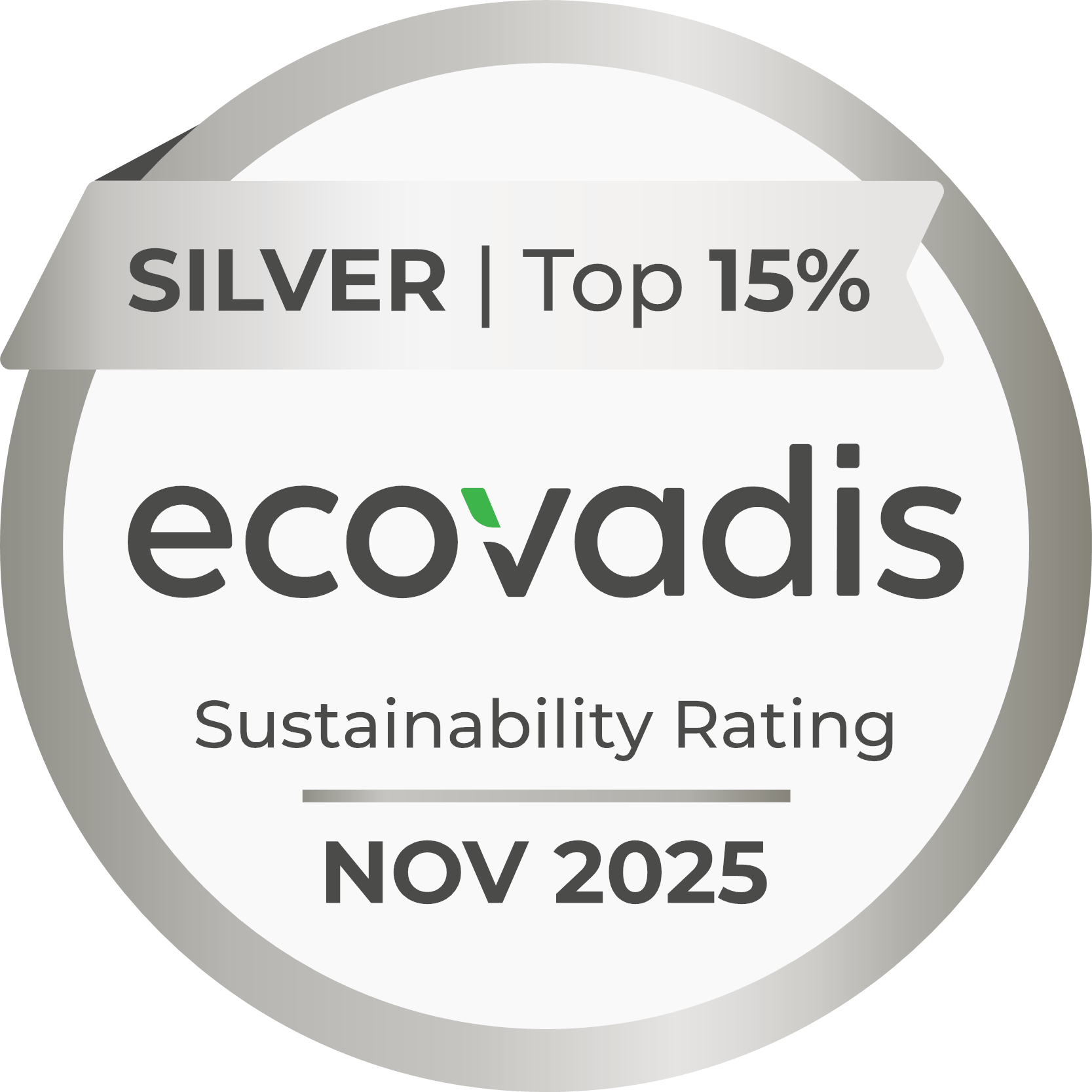 Ecovadis Sustainability rating, Silver, top 15%, November 2025